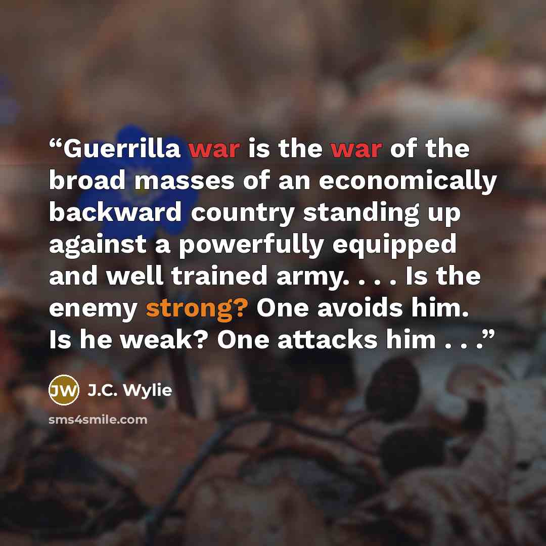 “Guerrilla war is the war of the broad masses of an economically backward country standing up against a powerfully equipped and well trained army. . . . Is the enemy strong? One avoids him. Is he weak? One attacks him . . .” quote by J.C. Wylie