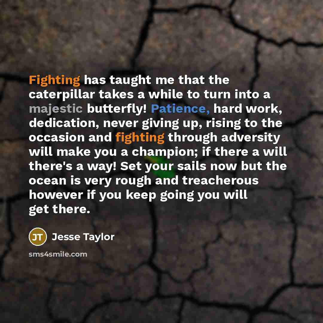 “Fighting has taught me that the caterpillar takes a while to turn into a majestic butterfly! Patience, hard work, dedication, never giving up, rising to the occasion and fighting through adversity will make you a champion; if there a will there's a way! Set your sails now but the ocean is very…” quote by Jesse Taylor
