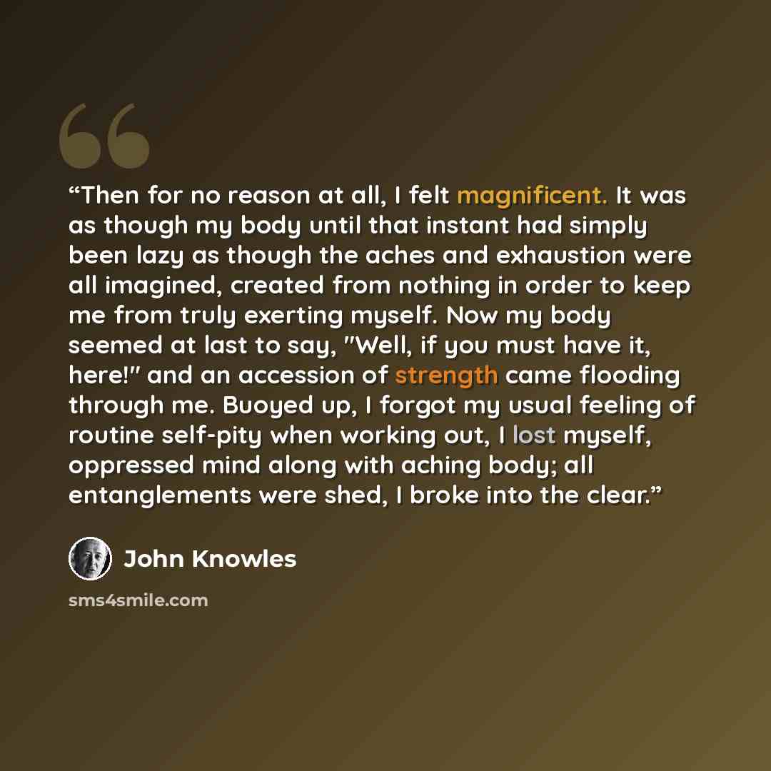 “Then for no reason at all, I felt magnificent. It was as though my body until that instant had simply been lazy as though the aches and exhaustion were all imagined, created from nothing in order to keep me from truly exerting myself. Now my body seemed at last to say, "Well, if you must have it…” quote by John Knowles