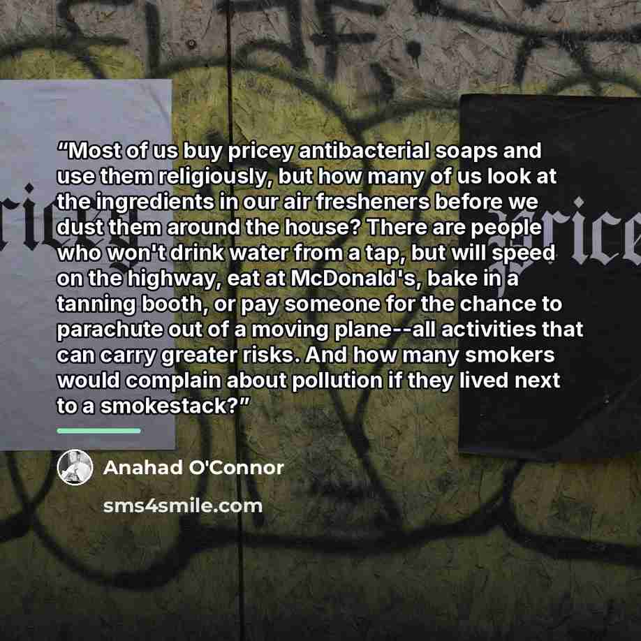 “Most of us buy pricey antibacterial soaps and use them religiously, but how many of us look at the ingredients in our air fresheners before we dust them around the house? There are people who won't drink water from a tap, but will speed on the highway, eat at McDonald's, bake in a tanning booth…” quote by Anahad O'Connor
