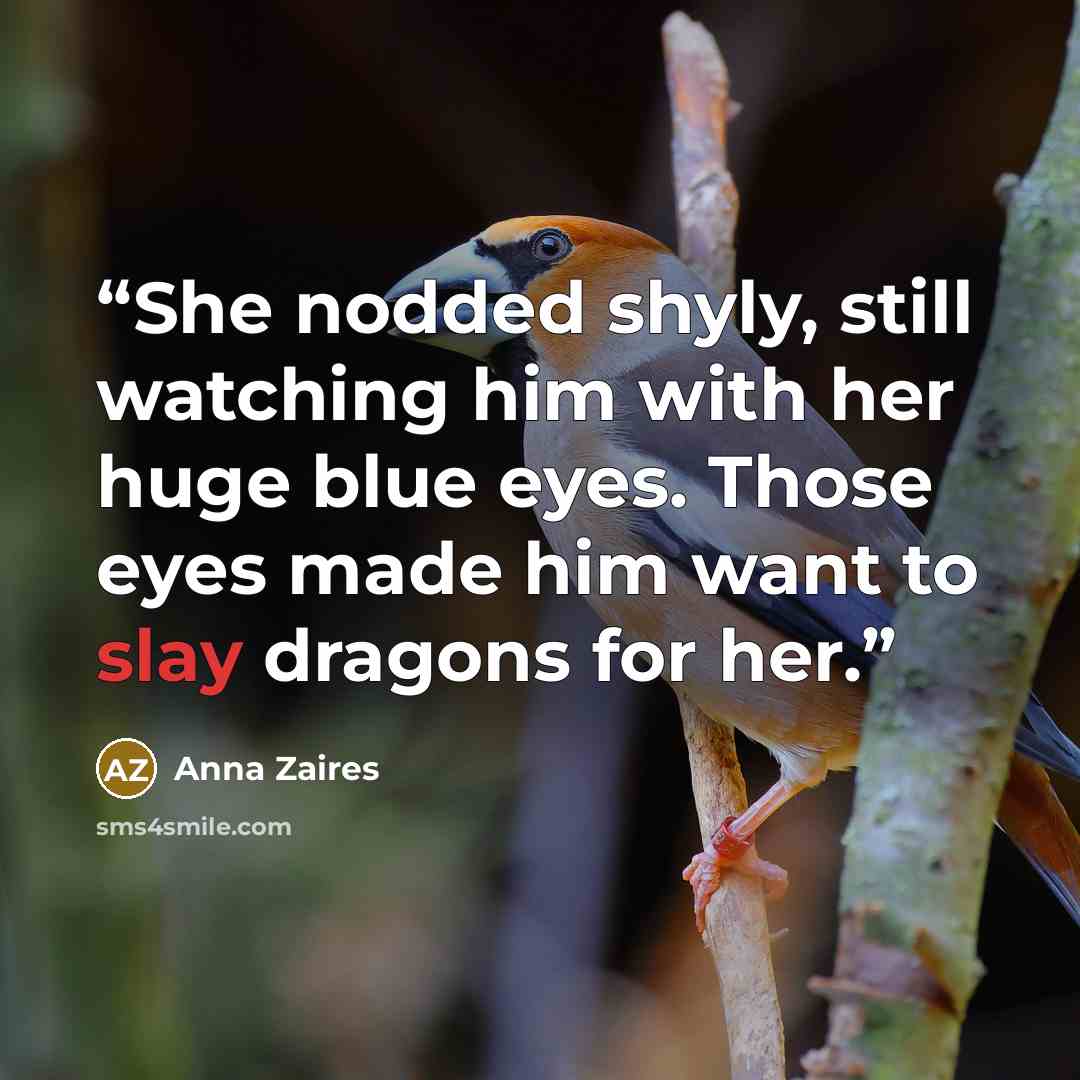“She nodded shyly, still watching him with her huge blue eyes. Those eyes made him want to slay dragons for her.” quote by Anna Zaires