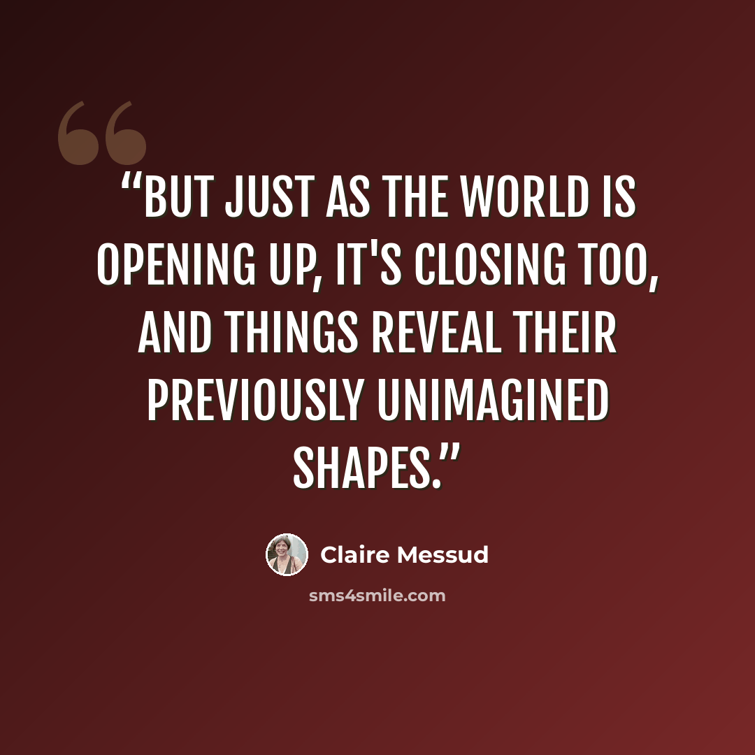 “But just as the world is opening up, it's closing too, and things reveal their previously unimagined shapes.” quote by Claire Messud