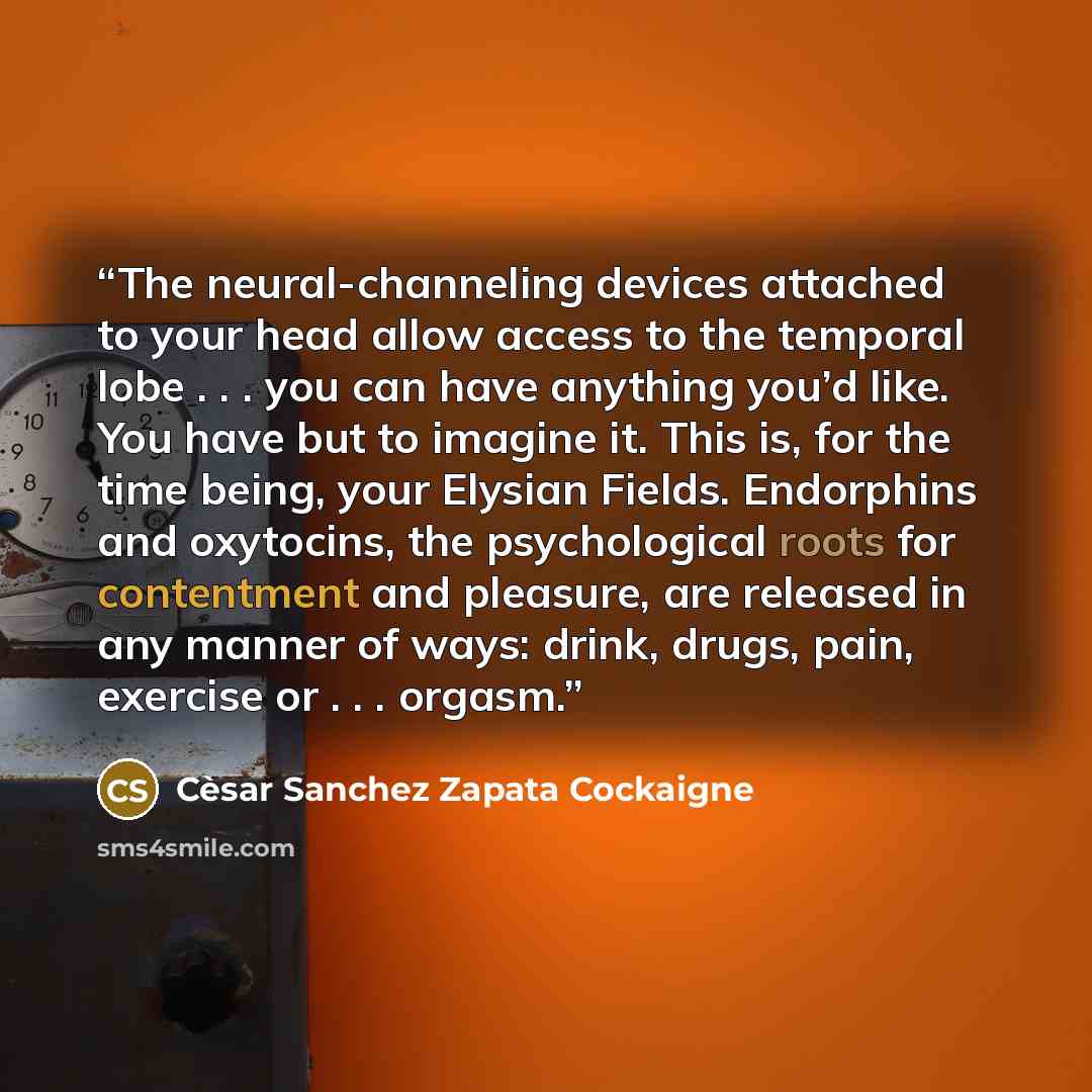 “The neural-channeling devices attached to your head allow access to the temporal lobe . . . you can have anything you’d like. You have but to imagine it. This is, for the time being, your Elysian Fields. Endorphins and oxytocins, the psychological roots for contentment and pleasure, are released…” quote by Cèsar Sanchez Zapata Cockaigne
