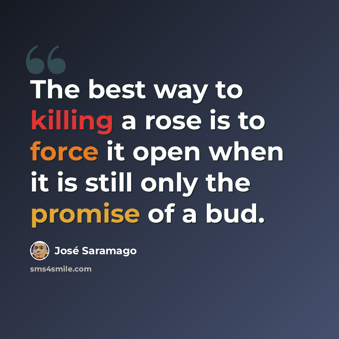 “The best way to killing a rose is to force it open when it is still only the promise of a bud.” quote by Jose Saramago