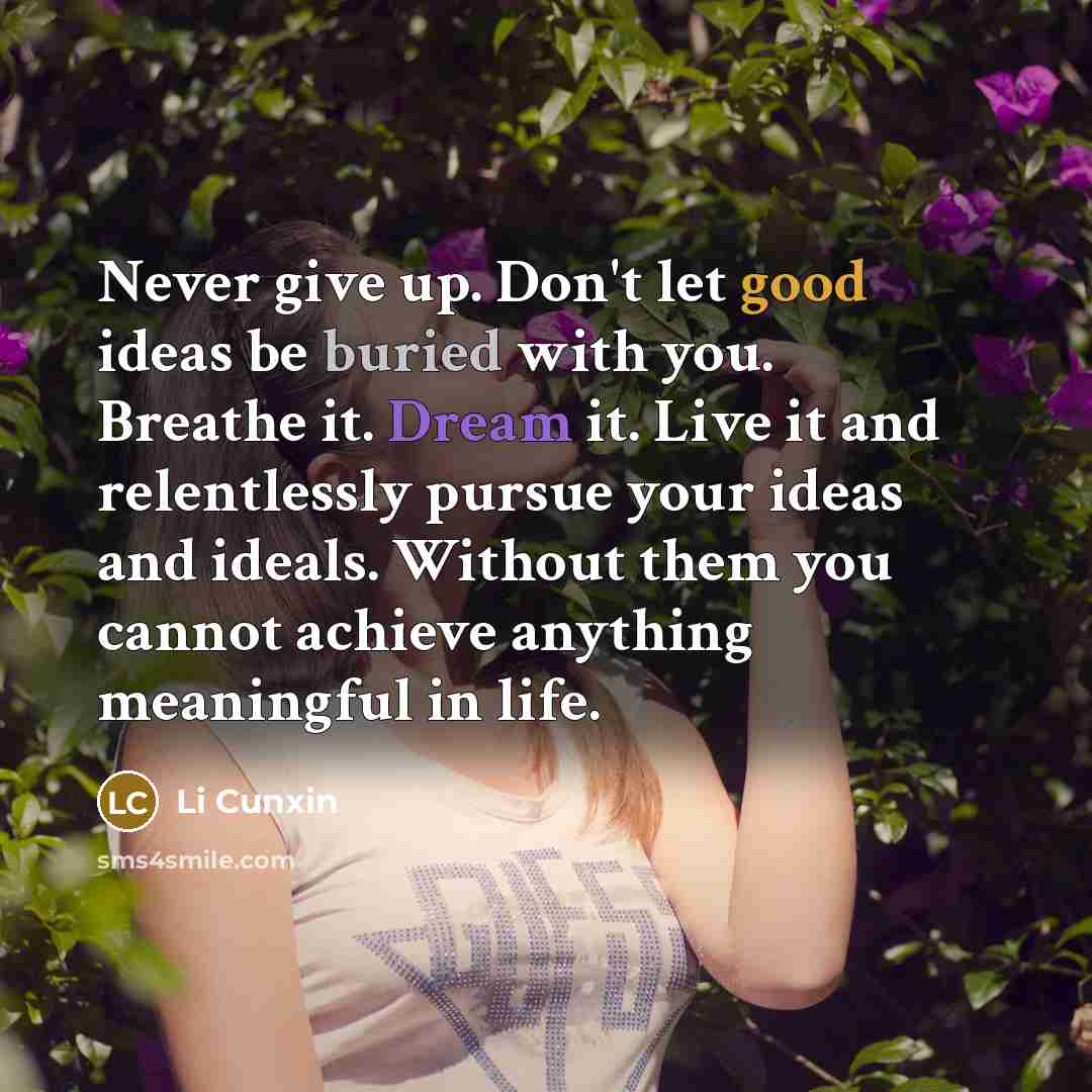 “Never give up. Don't let good ideas be buried with you. Breathe it. Dream it. Live it and relentlessly pursue your ideas and ideals. Without them you cannot achieve anything meaningful in life.” quote by Li Cunxin
