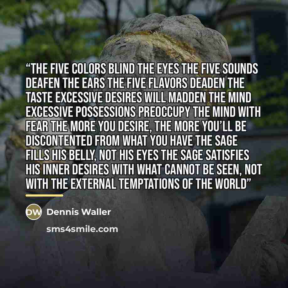 “The five colors blind the eyes The five sounds deafen the ears The five flavors deaden the taste Excessive desires will madden the mind Excessive possessions preoccupy the mind with fear The more you desire, the more you’ll be discontented from what you have The Sage fills his belly, not his eyes…” quote by Dennis Waller
