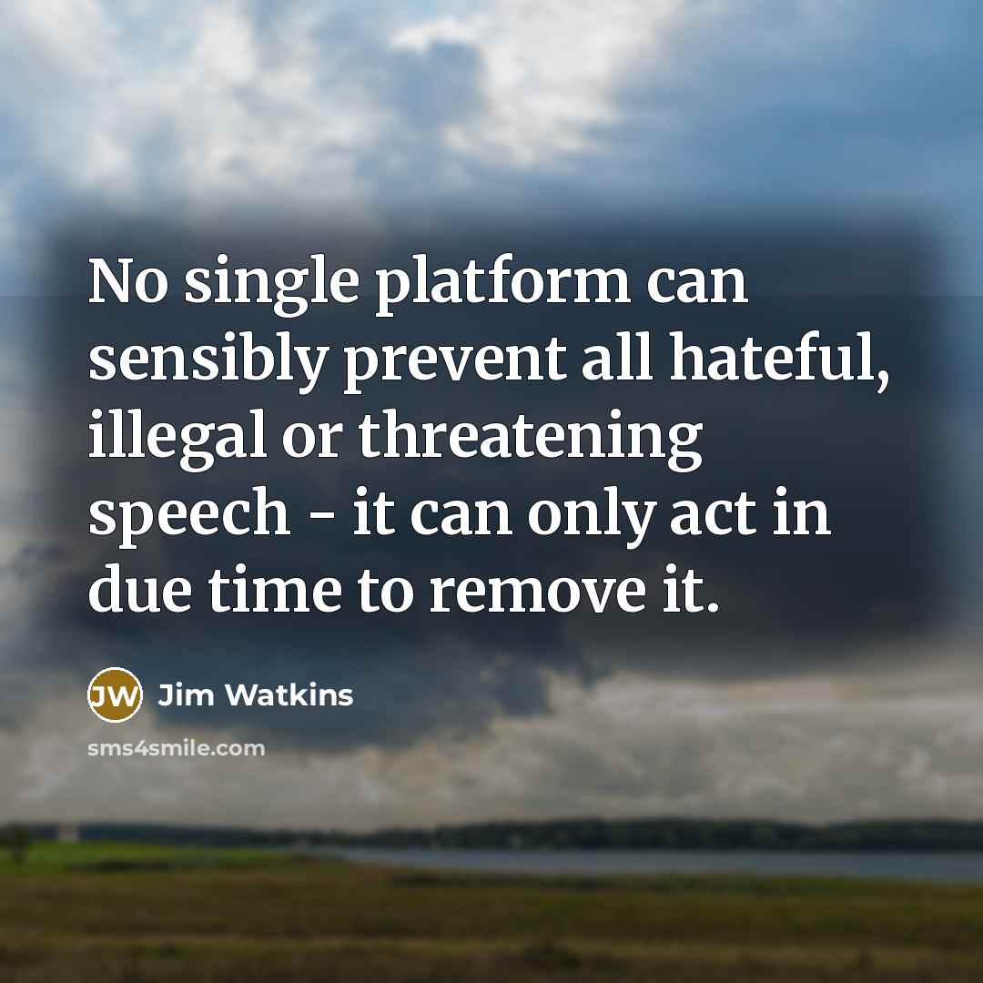 “No single platform can sensibly prevent all hateful, illegal or threatening speech - it can only act in due time to remove it.” quote by Jim Watkins