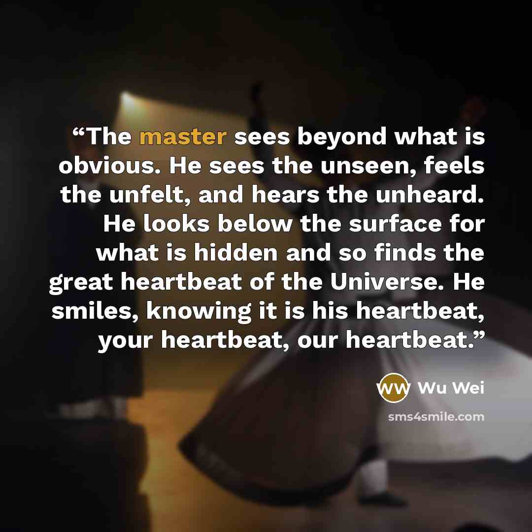“The master sees beyond what is obvious. He sees the unseen, feels the unfelt, and hears the unheard. He looks below the surface for what is hidden and so finds the great heartbeat of the Universe. He smiles, knowing it is his heartbeat, your heartbeat, our heartbeat.” quote by Wu Wei
