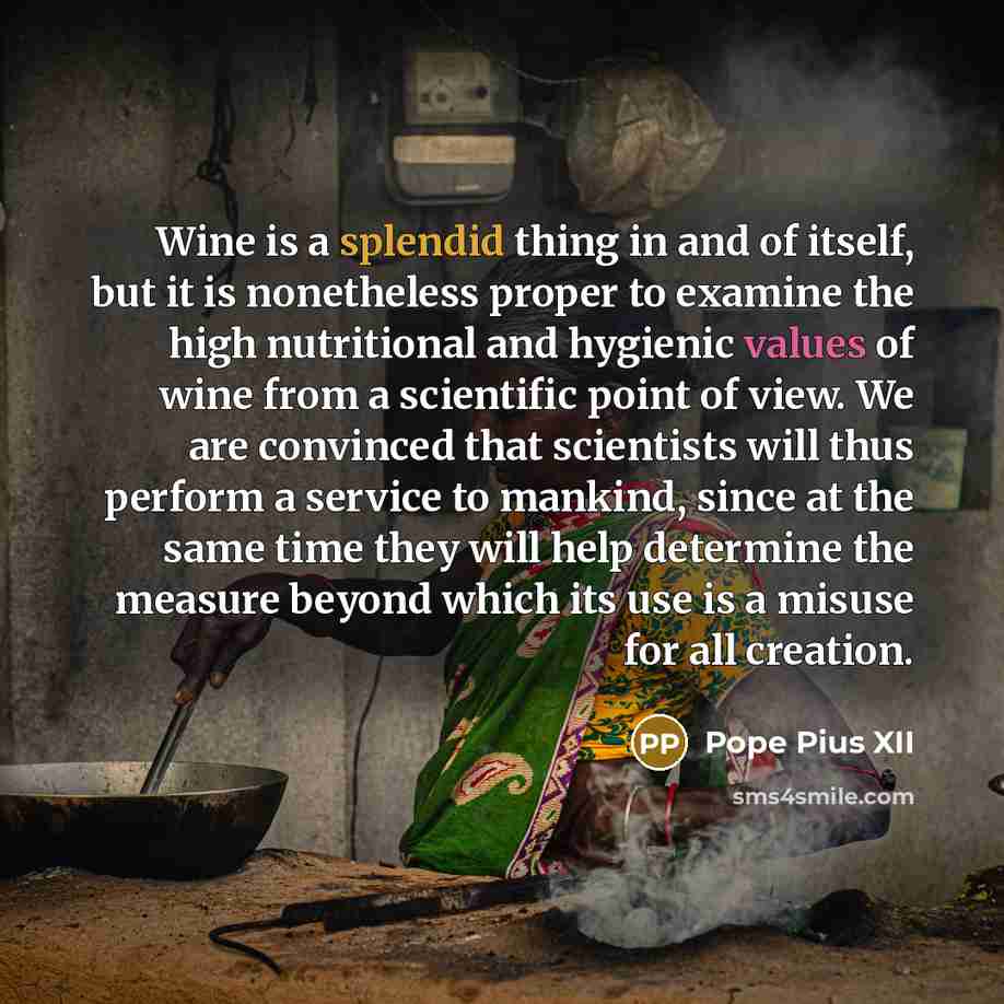 “Wine is a splendid thing in and of itself, but it is nonetheless proper to examine the high nutritional and hygienic values of wine from a scientific point of view. We are convinced that scientists will thus perform a service to mankind, since at the same time they will help determine the measure…” quote by Pope Pius XII