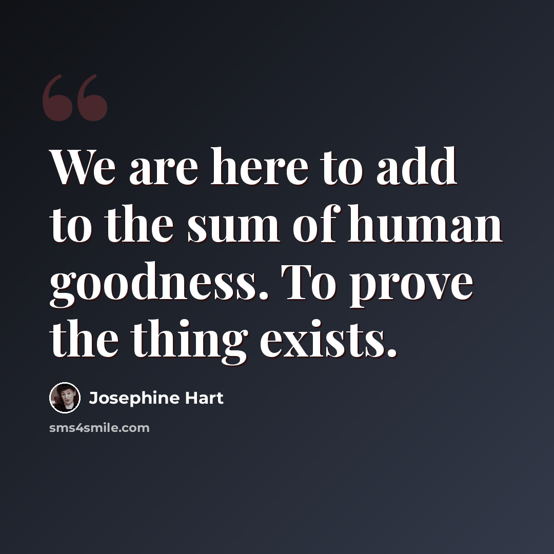 “We are here to add to the sum of human goodness. To prove the thing exists.” quote by Josephine Hart