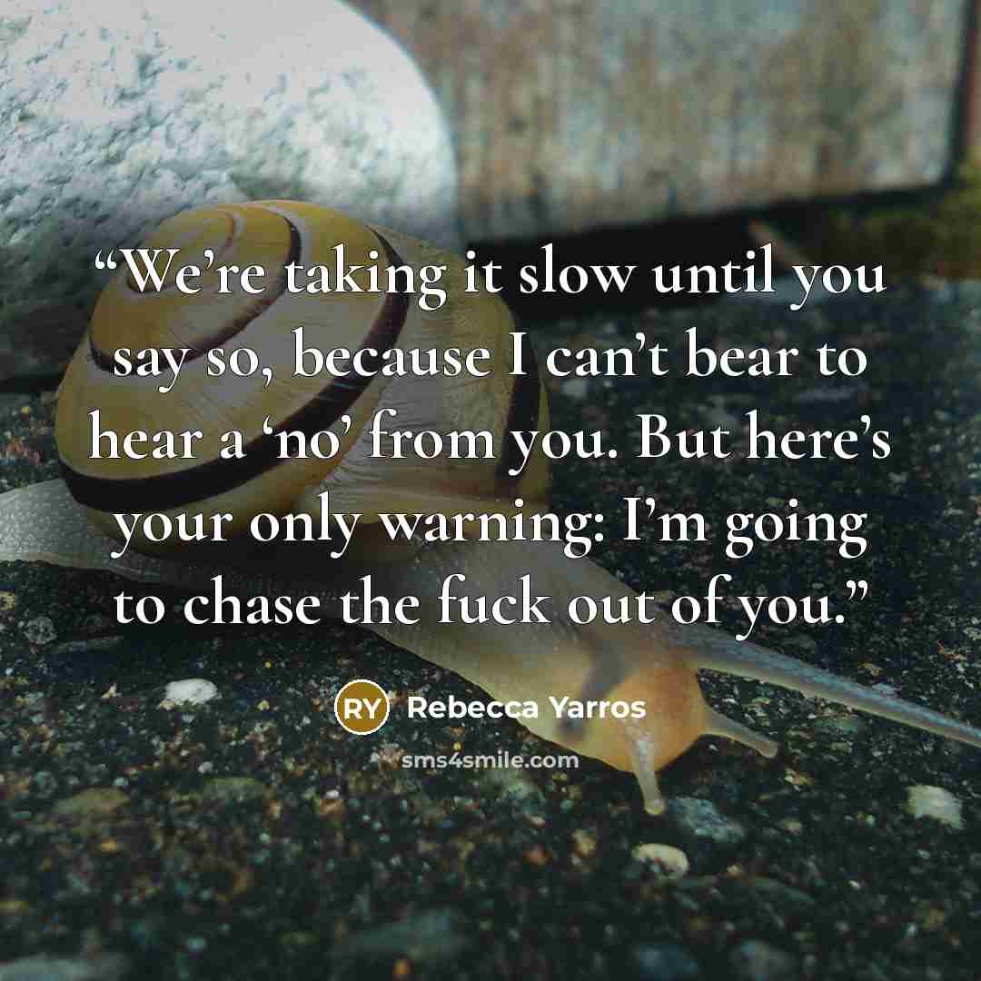 “We’re taking it slow until you say so, because I can’t bear to hear a ‘no’ from you. But here’s your only warning: I’m going to chase the fuck out of you.” quote by Rebecca Yarros