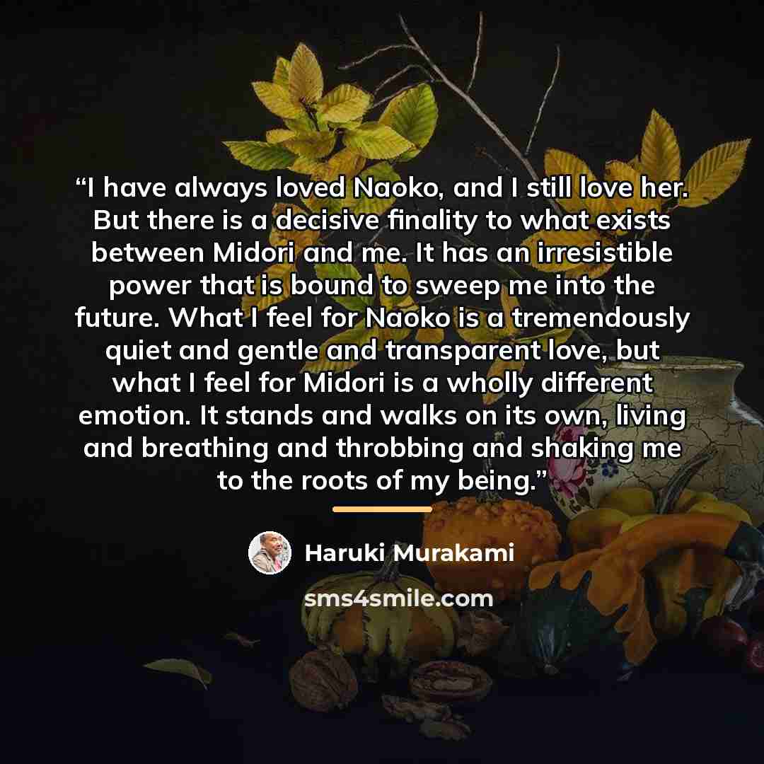 “I have always loved Naoko, and I still love her. But there is a decisive finality to what exists between Midori and me. It has an irresistible power that is bound to sweep me into the future. What I feel for Naoko is a tremendously quiet and gentle and transparent love, but what I feel for Midori…” quote by Haruki Murakami