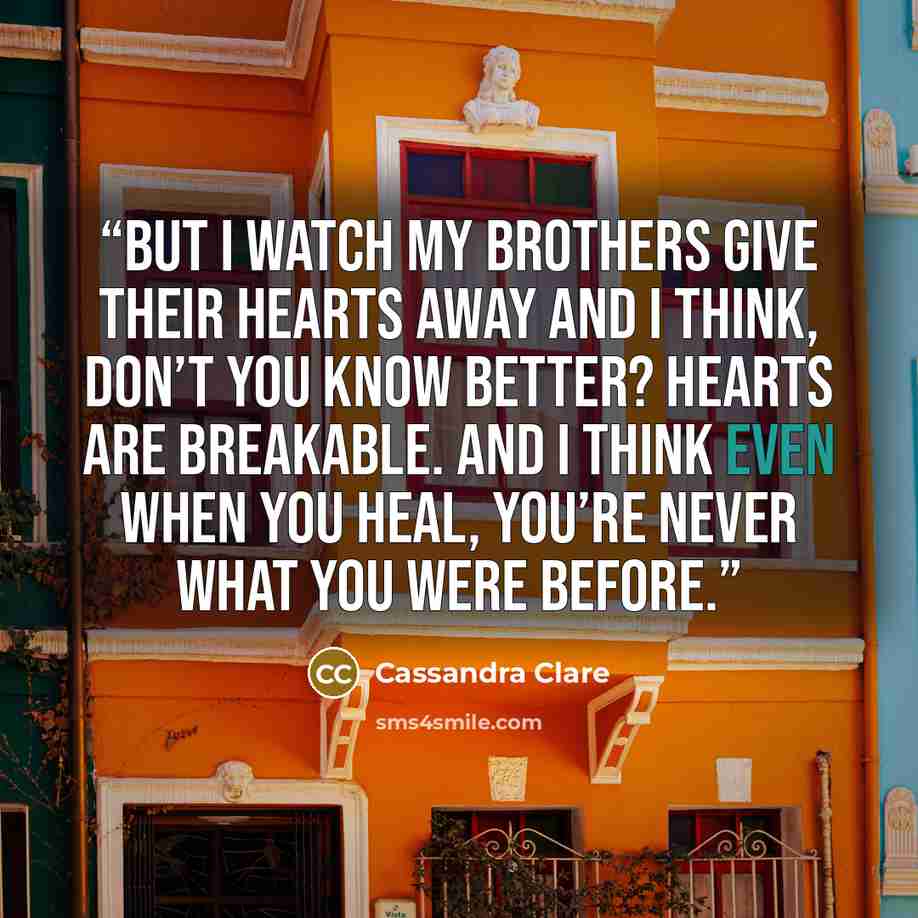 “But I watch my brothers give their hearts away and I think, Don’t you know better? Hearts are breakable. And I think even when you heal, you’re never what you were before.” quote by Cassandra Clare