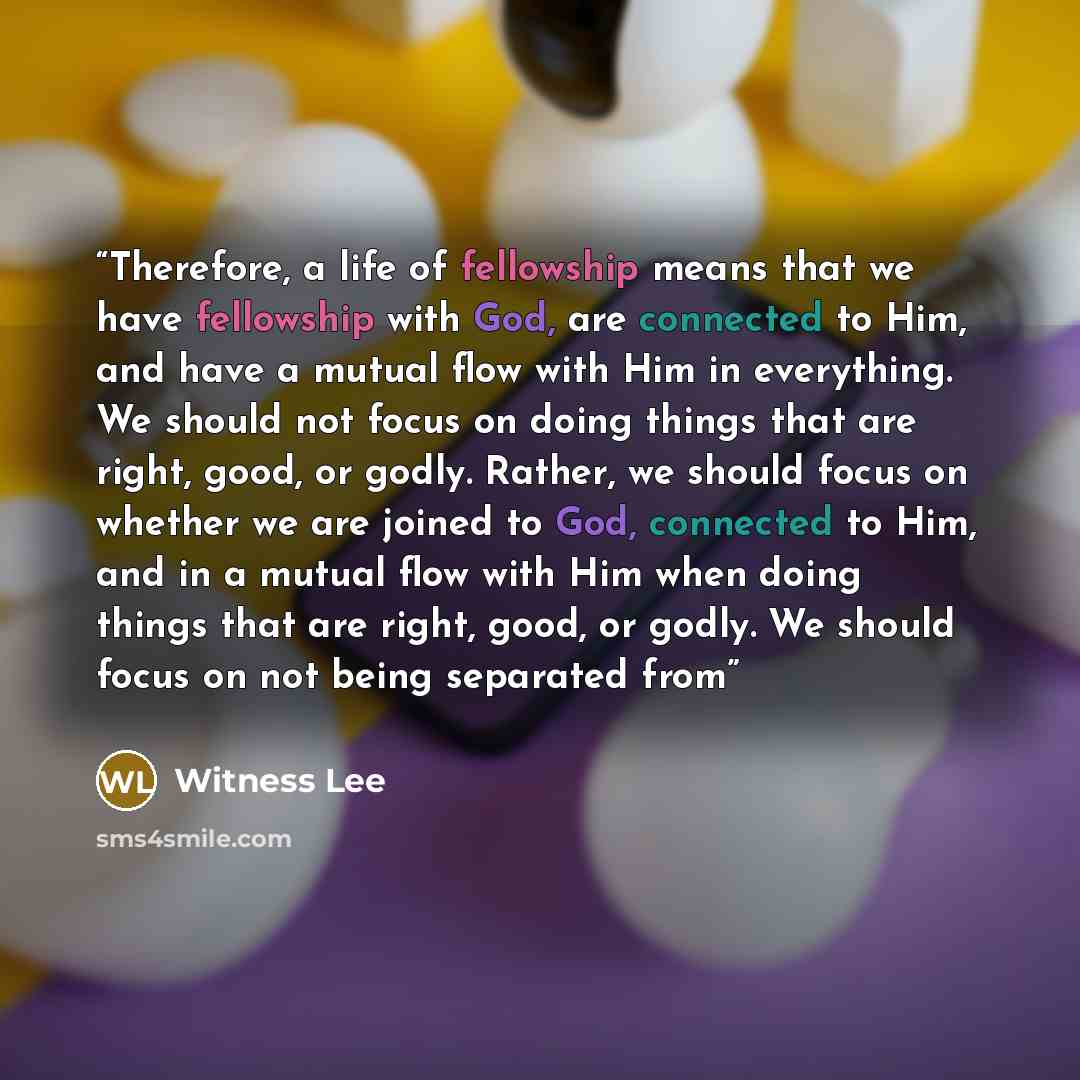 “Therefore, a life of fellowship means that we have fellowship with God, are connected to Him, and have a mutual flow with Him in everything. We should not focus on doing things that are right, good, or godly. Rather, we should focus on whether we are joined to God, connected to Him, and in a…” quote by Witness Lee