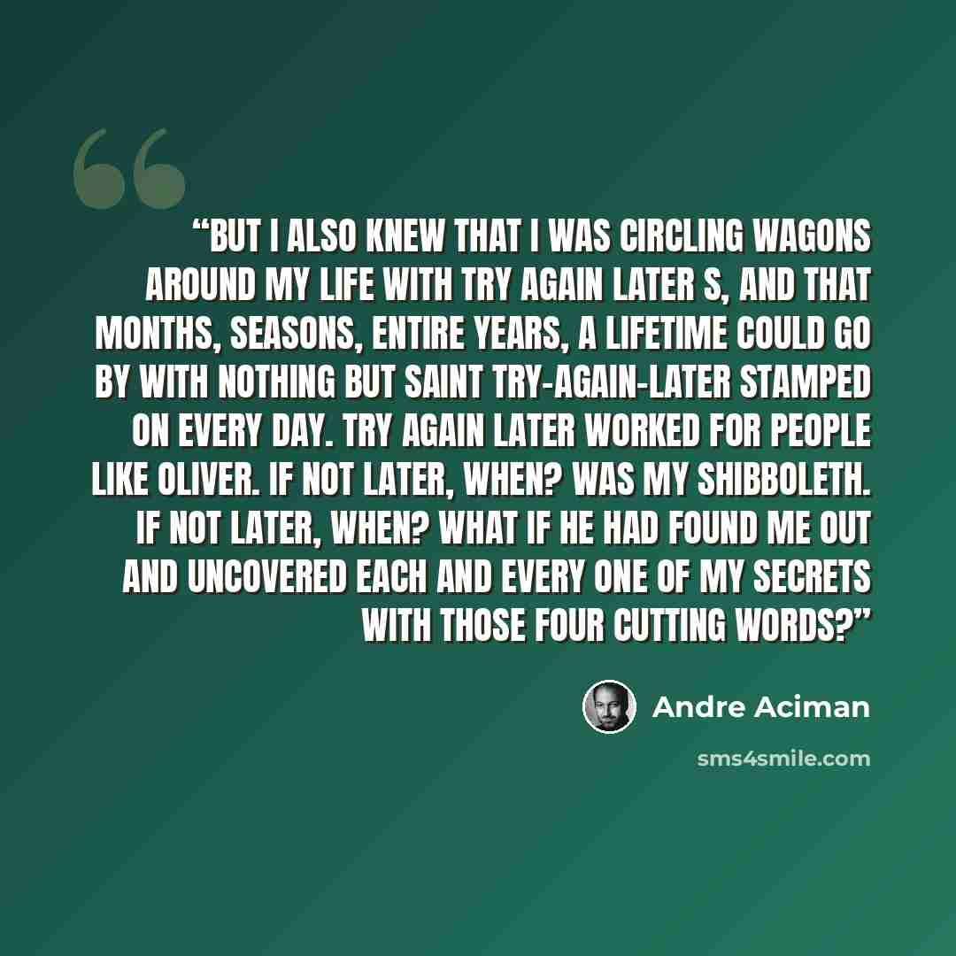 “But I also knew that I was circling wagons around my life with try again later s, and that months, seasons, entire years, a lifetime could go by with nothing but Saint Try-again-later stamped on every day. Try again later worked for people like Oliver. If not later, when? was my shibboleth. If not…” quote by André Aciman
