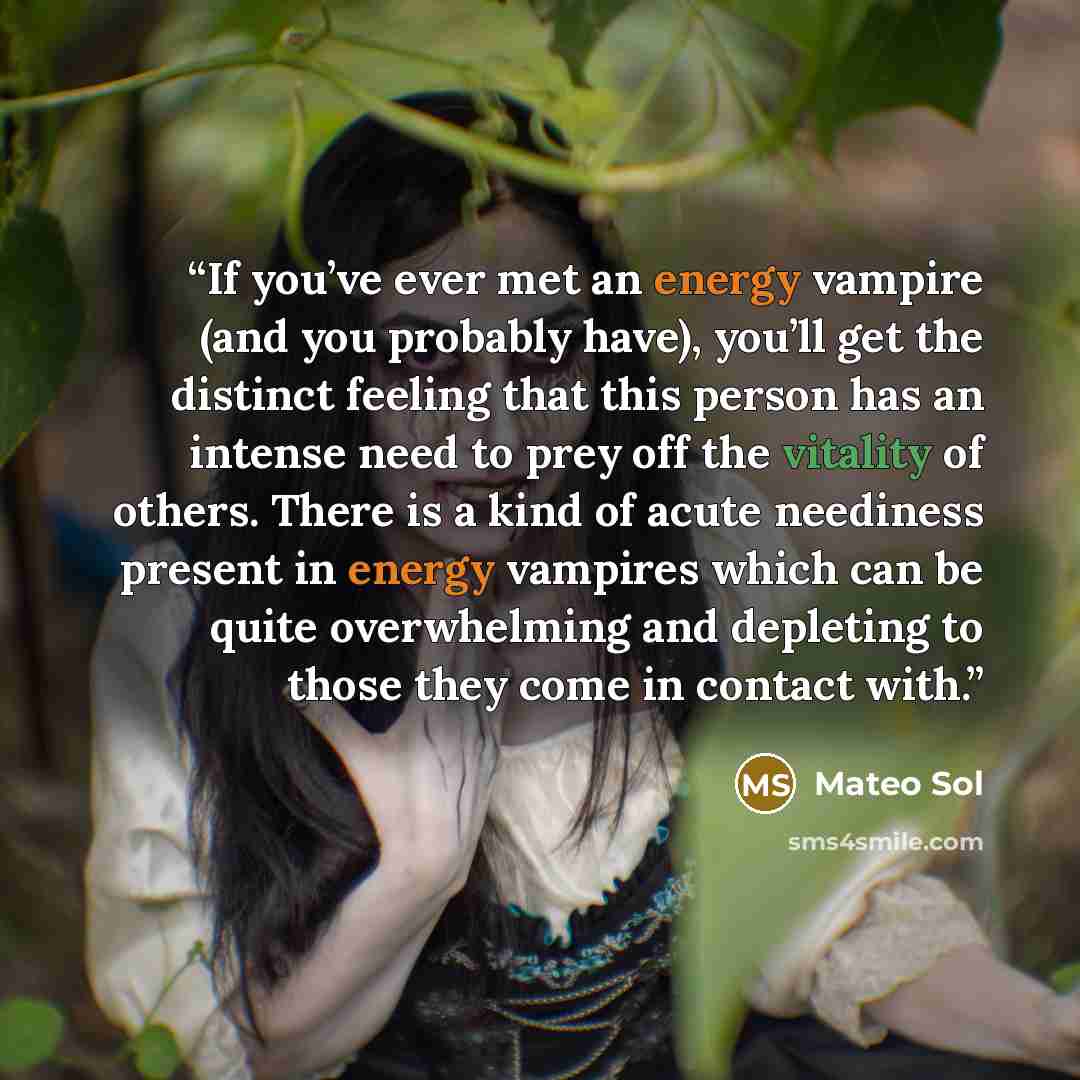 “If you’ve ever met an energy vampire (and you probably have), you’ll get the distinct feeling that this person has an intense need to prey off the vitality of others. There is a kind of acute neediness present in energy vampires which can be quite overwhelming and depleting to those they come in…” quote by Mateo Sol