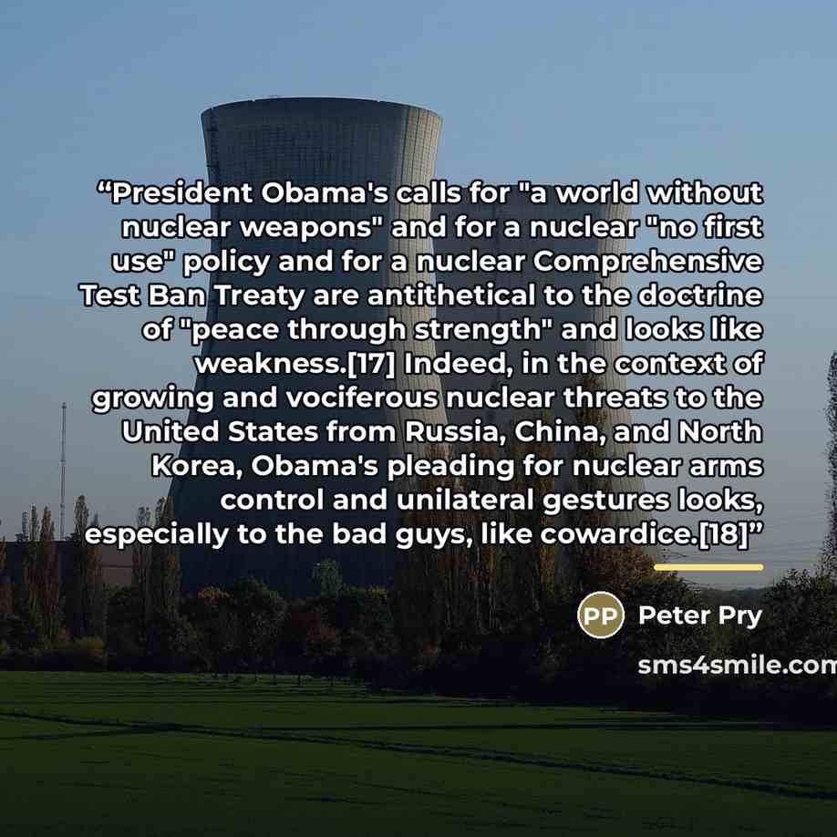 “President Obama's calls for "a world without nuclear weapons" and for a nuclear "no first use" policy and for a nuclear Comprehensive Test Ban Treaty are antithetical to the doctrine of "peace through strength" and looks like weakness.[17] Indeed, in the context of growing and vociferous nuclear…” quote by Peter Pry