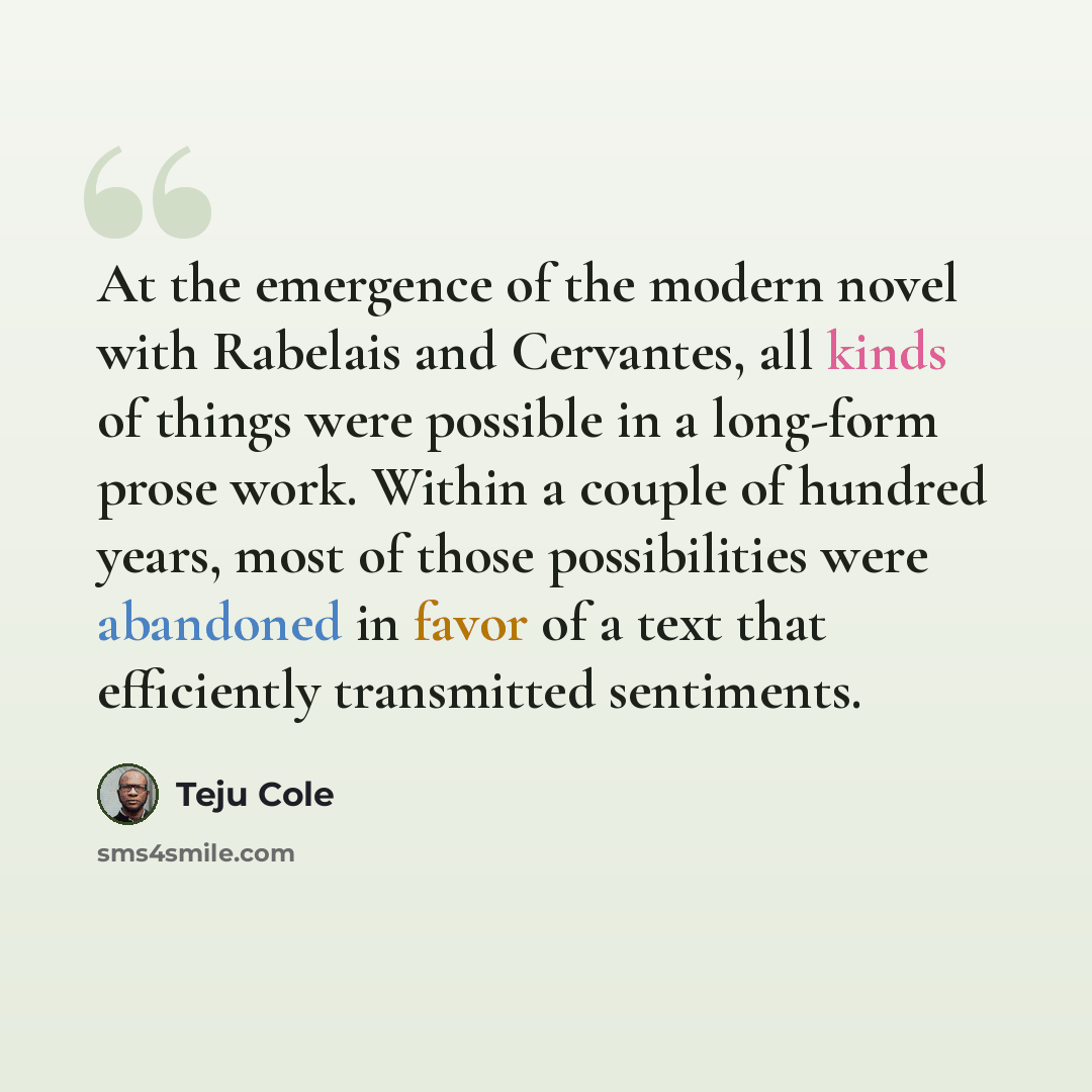 “At the emergence of the modern novel with Rabelais and Cervantes, all kinds of things were possible in a long-form prose work. Within a couple of hundred years, most of those possibilities were abandoned in favor of a text that efficiently transmitted sentiments.” quote by Teju Cole