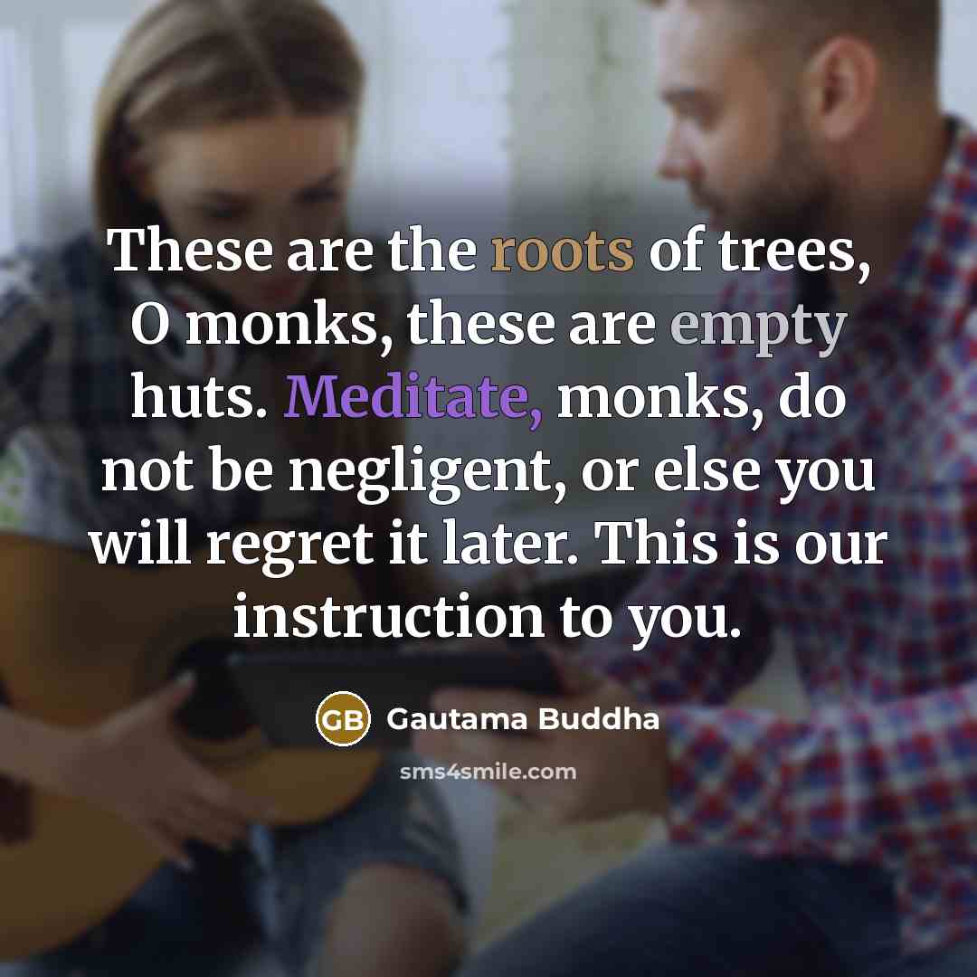 “These are the roots of trees, O monks, these are empty huts. Meditate, monks, do not be negligent, or else you will regret it later. This is our instruction to you.” quote by Gautama Buddha