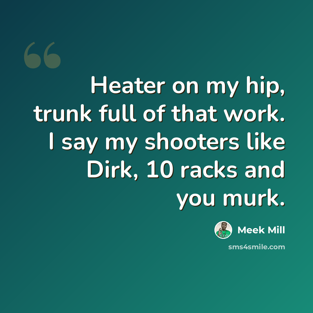 “Heater on my hip, trunk full of that work. I say my shooters like Dirk, 10 racks and you murk.” quote by Meek Mill