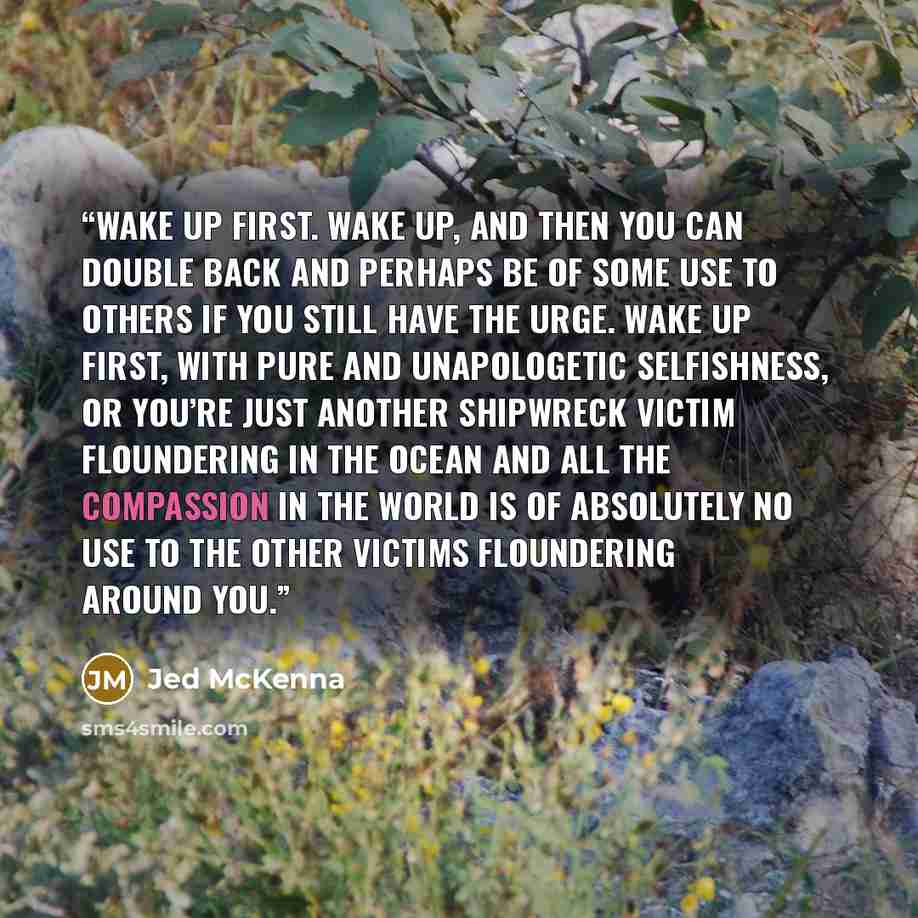 “Wake up first. Wake up, and then you can double back and perhaps be of some use to others if you still have the urge. Wake up first, with pure and unapologetic selfishness, or you’re just another shipwreck victim floundering in the ocean and all the compassion in the world is of absolutely no use…” quote by Jed McKenna