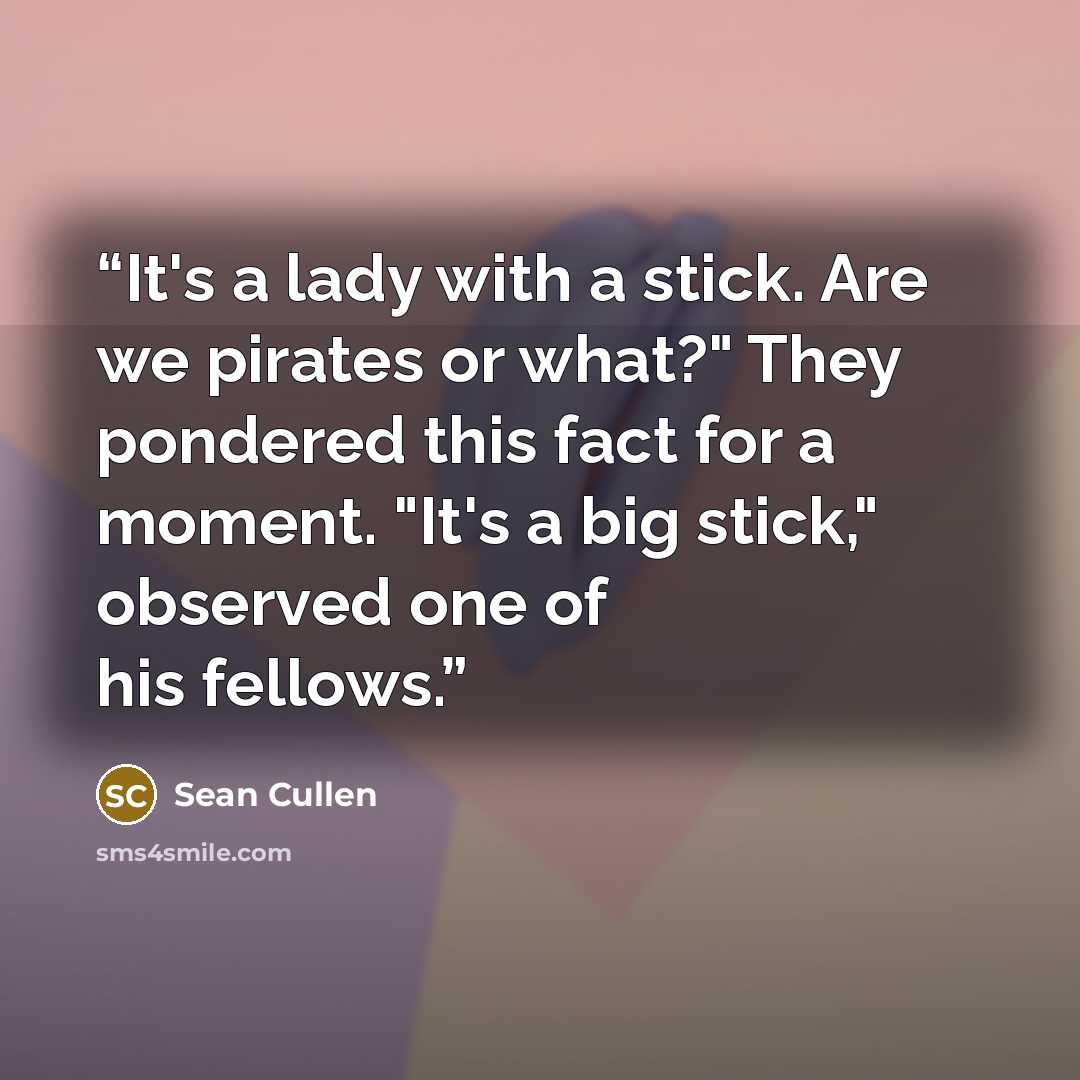 “It's a lady with a stick. Are we pirates or what?" They pondered this fact for a moment. "It's a big stick," observed one of his fellows.” quote by Sean Cullen