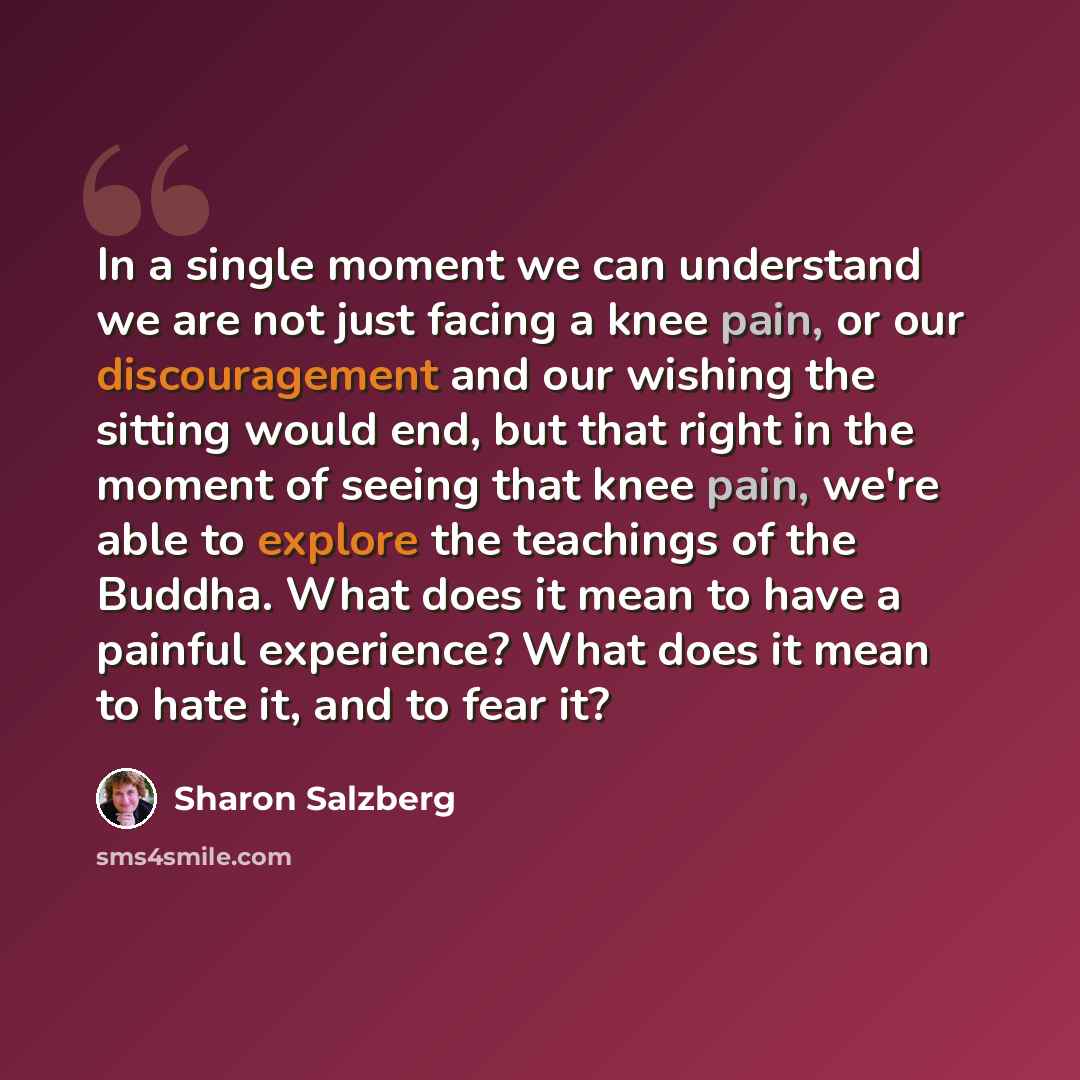 “In a single moment we can understand we are not just facing a knee pain, or our discouragement and our wishing the sitting would end, but that right in the moment of seeing that knee pain, we're able to explore the teachings of the Buddha. What does it mean to have a painful experience? What does…” quote by Sharon Salzberg
