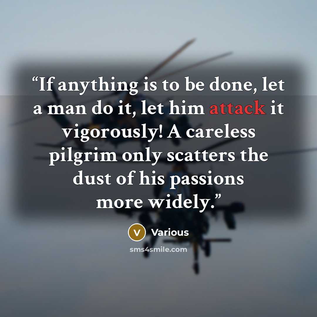 “If anything is to be done, let a man do it, let him attack it vigorously! A careless pilgrim only scatters the dust of his passions more widely.” quote by Various