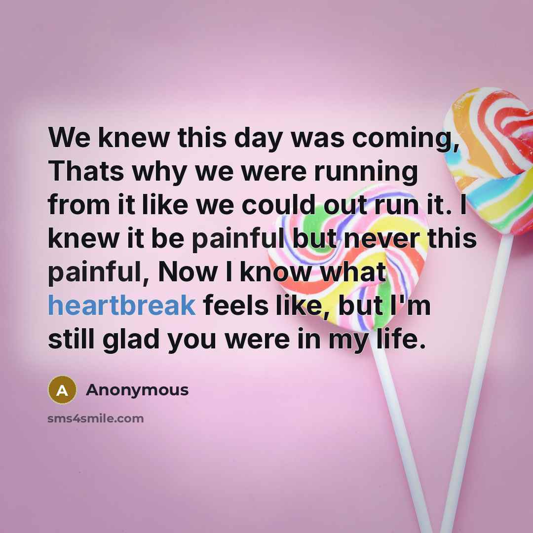 “We knew this day was coming, Thats why we were running from it like we could out run it. I knew it be painful but never this painful, Now I know what heartbreak feels like, but I'm still glad you were in my life.” quote by Anonymous