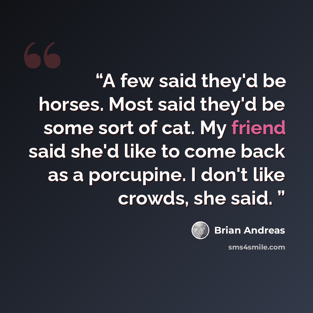 “A few said they'd be horses. Most said they'd be some sort of cat. My friend said she'd like to come back as a porcupine. I don't like crowds, she said.” quote by Brian Andreas