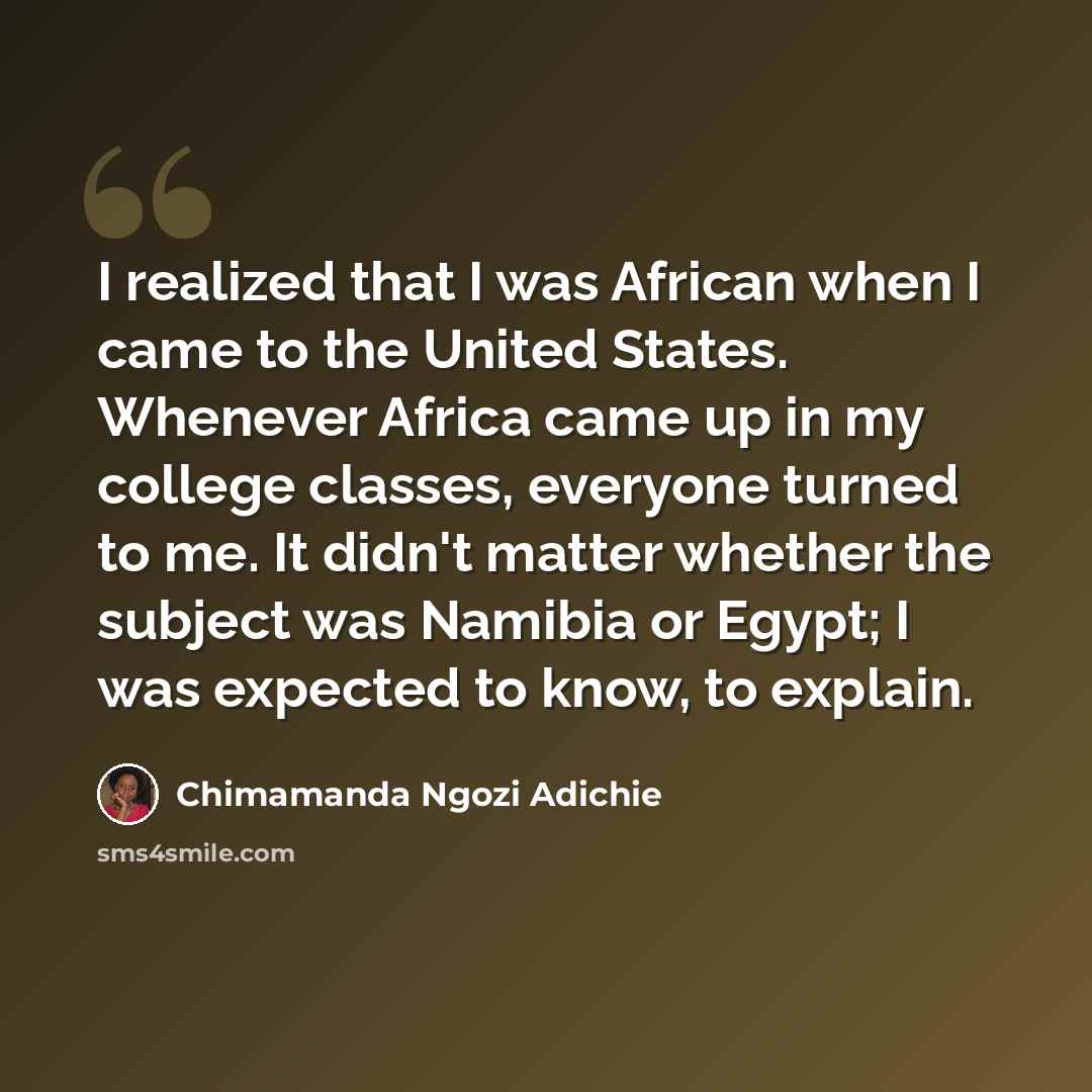 “I realized that I was African when I came to the United States. Whenever Africa came up in my college classes, everyone turned to me. It didn't matter whether the subject was Namibia or Egypt; I was expected to know, to explain.” quote by Chimamanda Ngozi Adichie