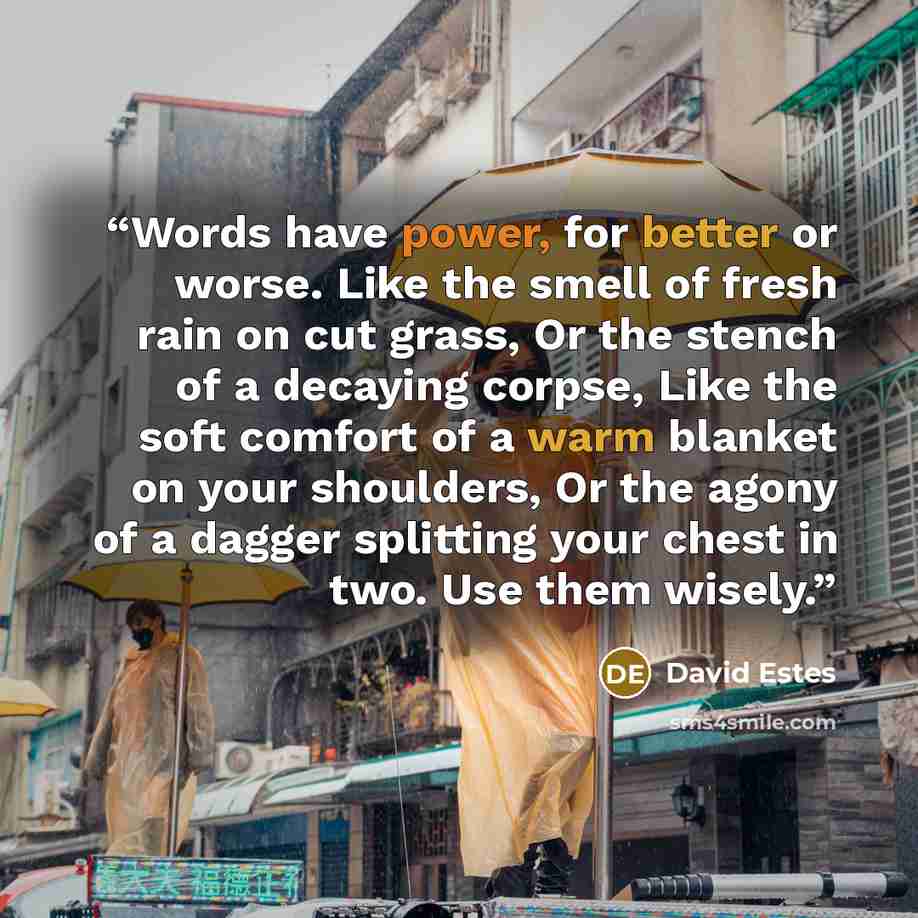 “Words have power, for better or worse. Like the smell of fresh rain on cut grass, Or the stench of a decaying corpse, Like the soft comfort of a warm blanket on your shoulders, Or the agony of a dagger splitting your chest in two. Use them wisely.” quote by David Estes