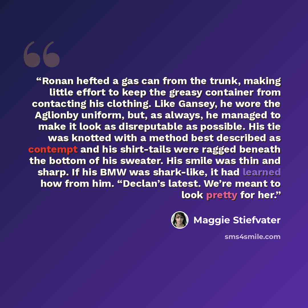 “Ronan hefted a gas can from the trunk, making little effort to keep the greasy container from contacting his clothing. Like Gansey, he wore the Aglionby uniform, but, as always, he managed to make it look as disreputable as possible. His tie was knotted with a method best described as contempt and…” quote by Maggie Stiefvater