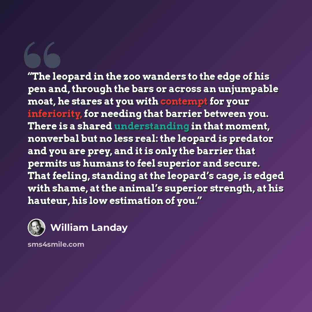 “The leopard in the zoo wanders to the edge of his pen and, through the bars or across an unjumpable moat, he stares at you with contempt for your inferiority, for needing that barrier between you. There is a shared understanding in that moment, nonverbal but no less real: the leopard is predator…” quote by William Landay