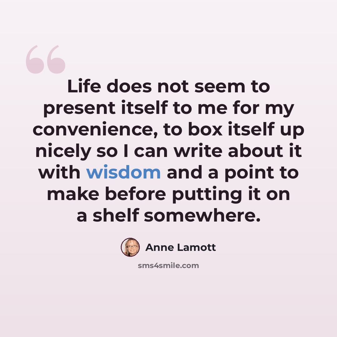 “Life does not seem to present itself to me for my convenience, to box itself up nicely so I can write about it with wisdom and a point to make before putting it on a shelf somewhere.” quote by Anne Lamott
