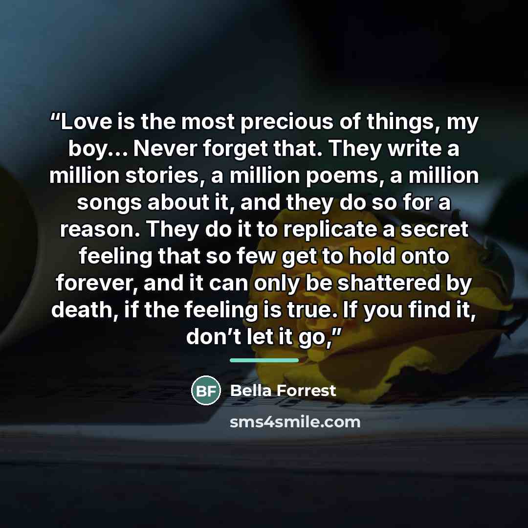 “Love is the most precious of things, my boy… Never forget that. They write a million stories, a million poems, a million songs about it, and they do so for a reason. They do it to replicate a secret feeling that so few get to hold onto forever, and it can only be shattered by death, if the feeling…” quote by Bella Forrest