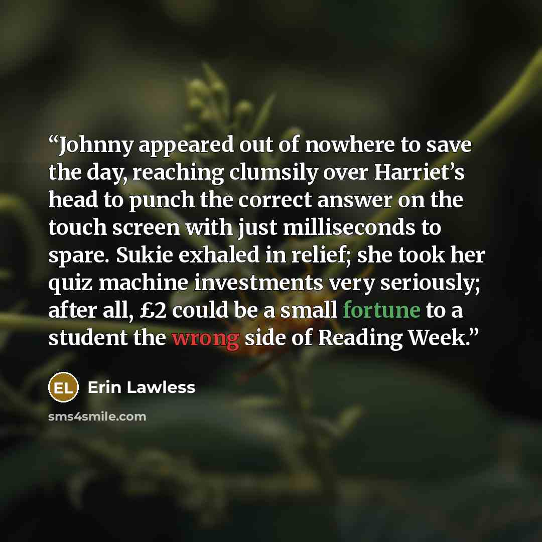 “Johnny appeared out of nowhere to save the day, reaching clumsily over Harriet’s head to punch the correct answer on the touch screen with just milliseconds to spare. Sukie exhaled in relief; she took her quiz machine investments very seriously; after all, £2 could be a small fortune to a student…” quote by Erin Lawless
