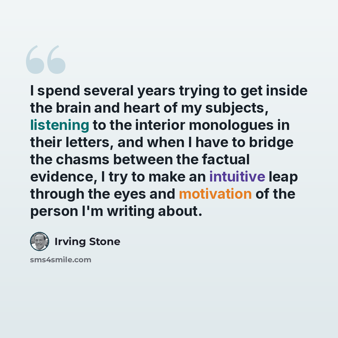 “I spend several years trying to get inside the brain and heart of my subjects, listening to the interior monologues in their letters, and when I have to bridge the chasms between the factual evidence, I try to make an intuitive leap through the eyes and motivation of the person I'm writing about.” quote by Irving Stone