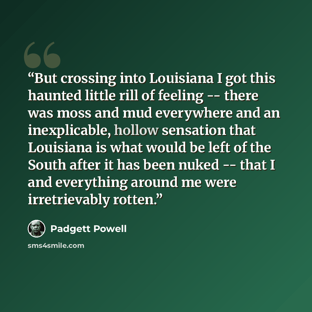 “But crossing into Louisiana I got this haunted little rill of feeling -- there was moss and mud everywhere and an inexplicable, hollow sensation that Louisiana is what would be left of the South after it has been nuked -- that I and everything around me were irretrievably rotten.” quote by Padgett Powell