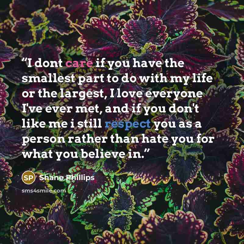 “I dont care if you have the smallest part to do with my life or the largest, I love everyone I've ever met, and if you don't like me i still respect you as a person rather than hate you for what you believe in.” quote by Shane Phillips