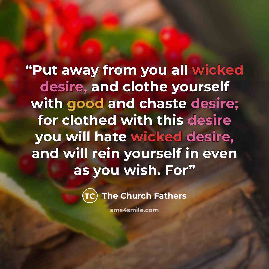 “Put away from you all wicked desire, and clothe yourself with good and chaste desire; for clothed with this desire you will hate wicked desire, and will rein yourself in even as you wish. For” quote by The Church Fathers