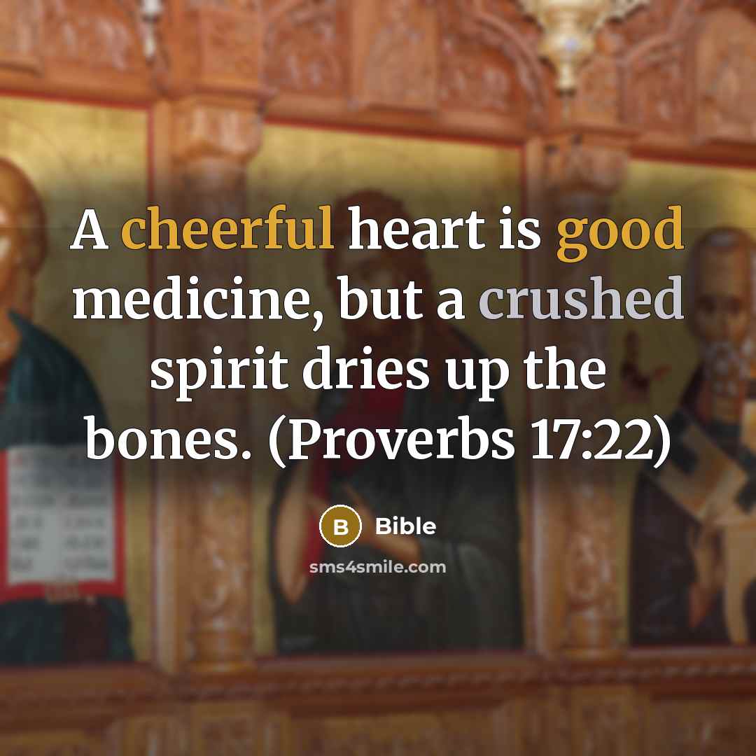 “A cheerful heart is good medicine, but a crushed spirit dries up the bones. (Proverbs 17:22)” quote by Bible