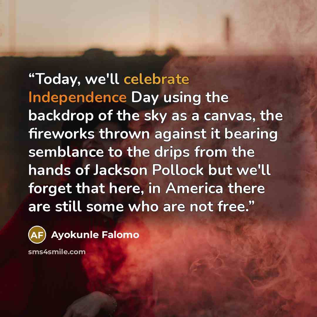 “Today, we'll celebrate Independence Day using the backdrop of the sky as a canvas, the fireworks thrown against it bearing semblance to the drips from the hands of Jackson Pollock but we'll forget that here, in America there are still some who are not free.” quote by Ayokunle Falomo