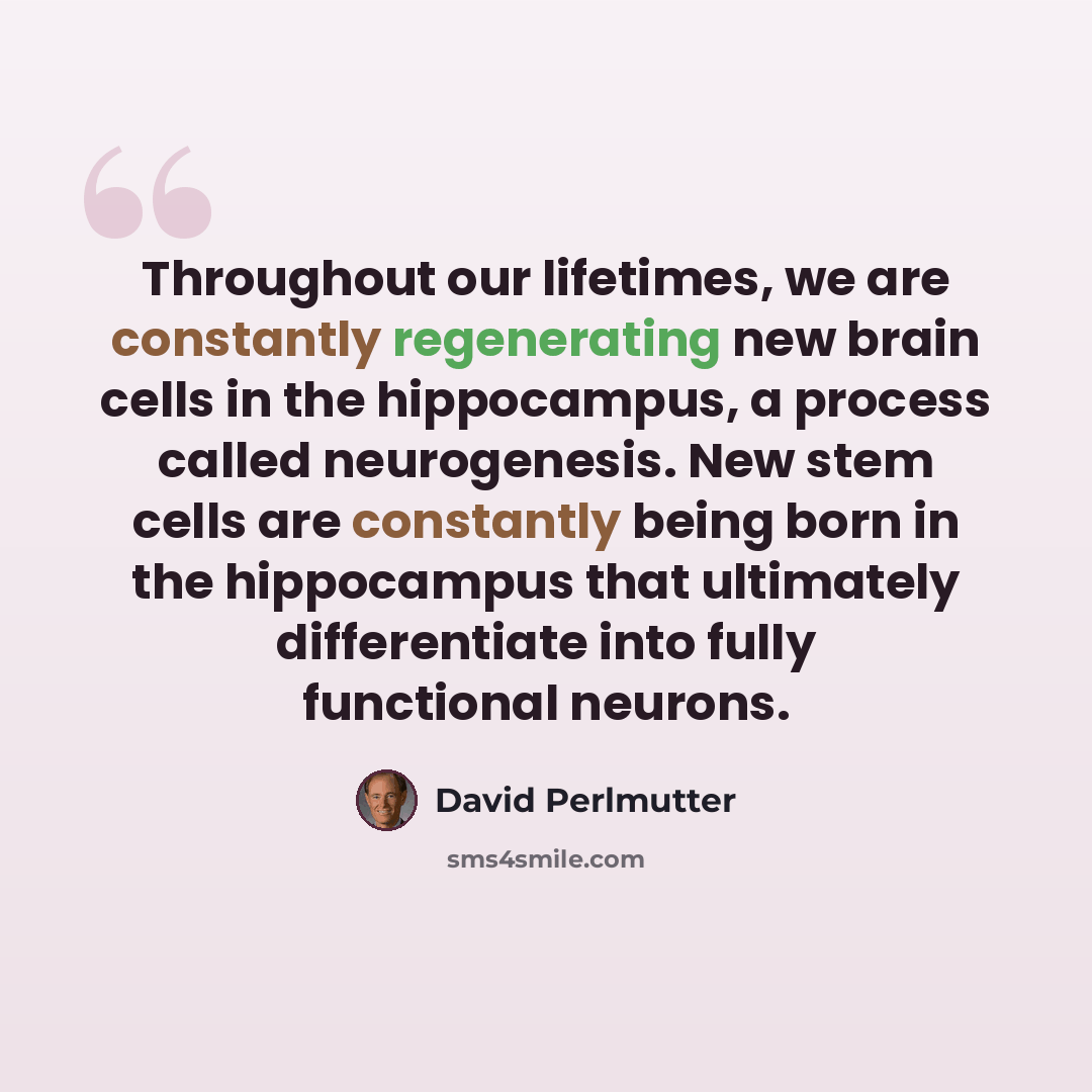 “Throughout our lifetimes, we are constantly regenerating new brain cells in the hippocampus, a process called neurogenesis. New stem cells are constantly being born in the hippocampus that ultimately differentiate into fully functional neurons.” quote by David Perlmutter