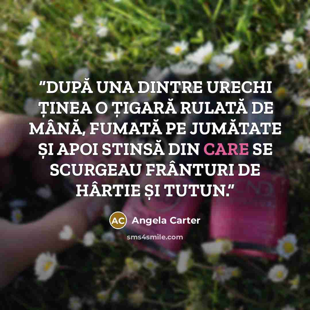 “DUPĂ UNA DINTRE URECHI ȚINEA O ȚIGARĂ RULATĂ DE MÂNĂ, FUMATĂ PE JUMĂTATE ȘI APOI STINSĂ DIN CARE SE SCURGEAU FRÂNTURI DE HÂRTIE ȘI TUTUN.” quote by angela carter