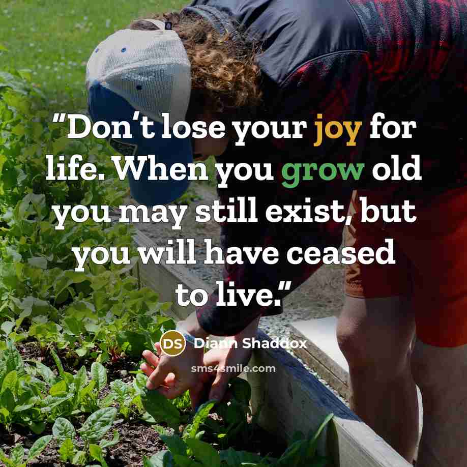 “Don’t lose your joy for life. When you grow old you may still exist, but you will have ceased to live.” quote by Diann Shaddox