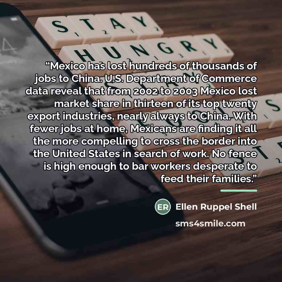 “Mexico has lost hundreds of thousands of jobs to China. U.S. Department of Commerce data reveal that from 2002 to 2003 Mexico lost market share in thirteen of its top twenty export industries, nearly always to China. With fewer jobs at home, Mexicans are finding it all the more compelling to cross…” quote by Ellen Ruppel Shell