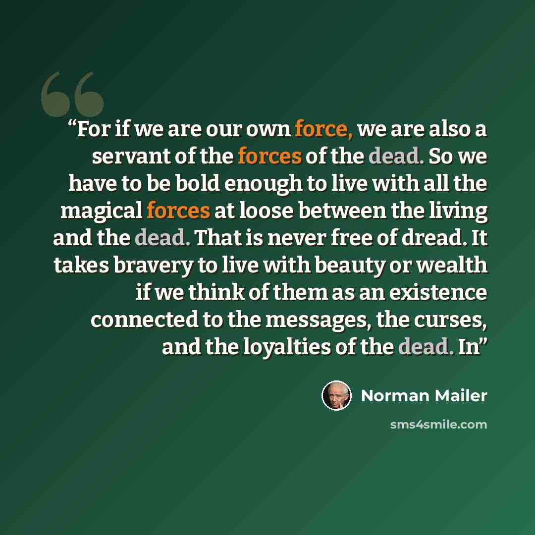 “For if we are our own force, we are also a servant of the forces of the dead. So we have to be bold enough to live with all the magical forces at loose between the living and the dead. That is never free of dread. It takes bravery to live with beauty or wealth if we think of them as an existence…” quote by Norman Mailer