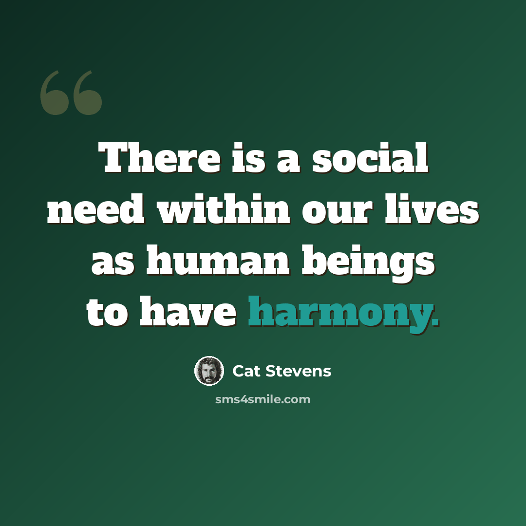 “There is a social need within our lives as human beings to have harmony.” quote by Cat Stevens