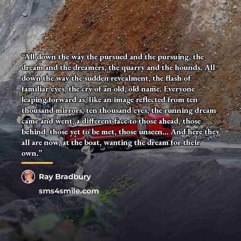 “All down the way the pursued and the pursuing, the dream and the dreamers, the quarry and the hounds. All down the way the sudden revealment, the flash of familiar eyes, the cry of an old, old name. Everyone leaping forward as, like an image reflected from ten thousand mirrors, ten thousand eyes…” quote by Ray Bradbury